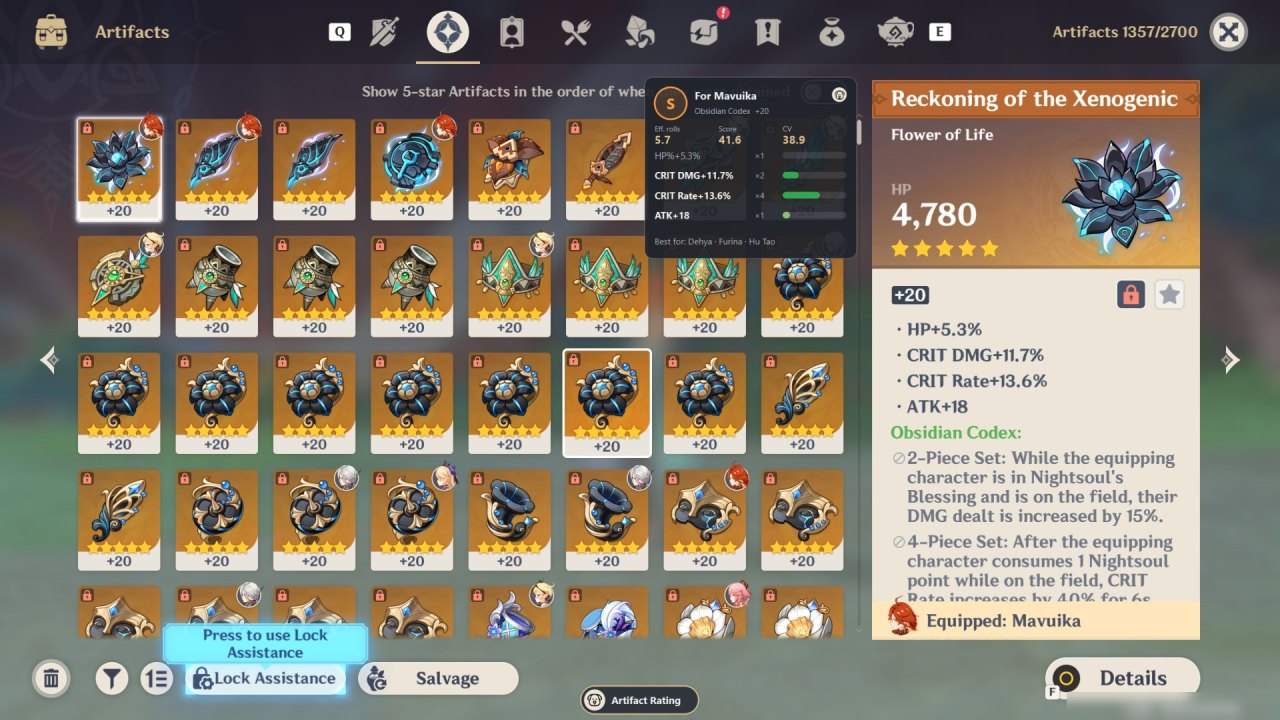 Artifact rating card in the inventory