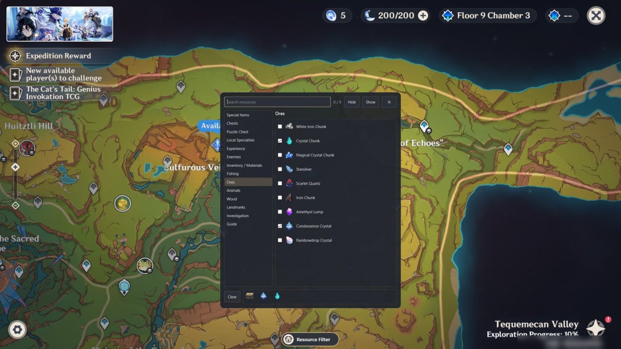 Resource filter on the map